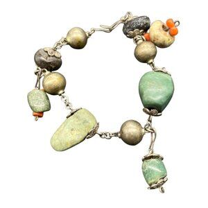 Multicolor Nuggets Stone Link Chain Bracelet Hook Closure 8 Inches
